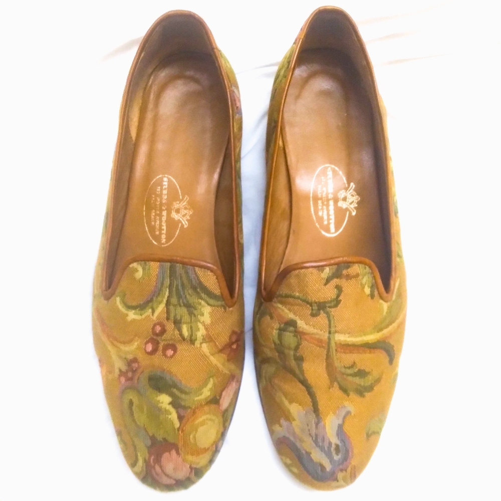 Stubbs & Wooten Palm Beach Brown Tan Floral Slippers Loafers Flats Womens 10